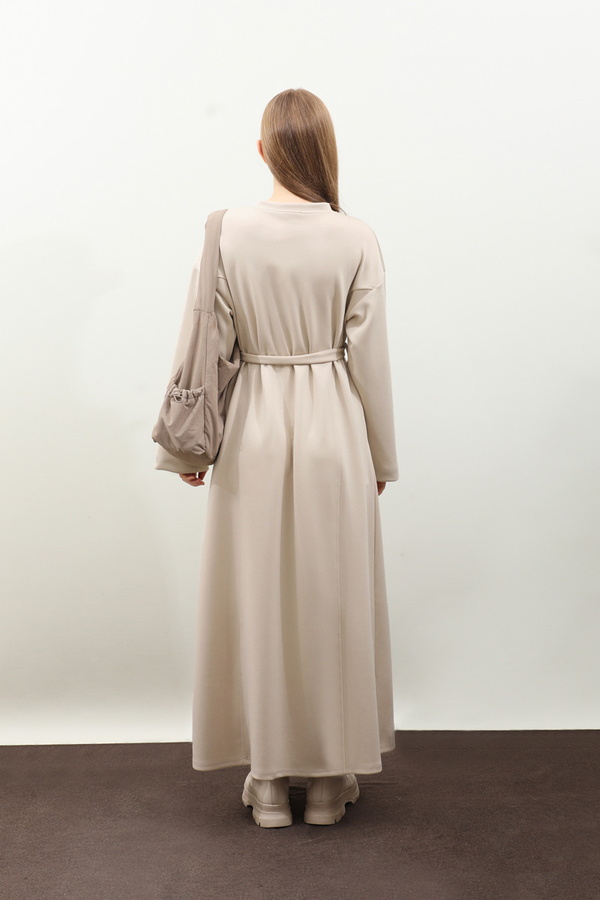 V Yaka Sweat Elbise Krem - 9