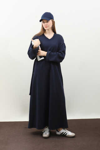 V Yaka Sweat Elbise Lacivert - 1