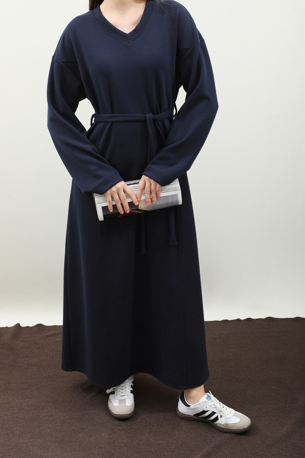 V Yaka Sweat Elbise Lacivert - 5