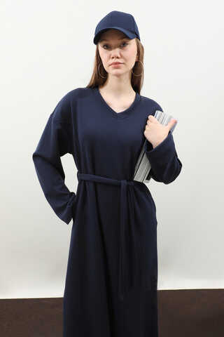 V Yaka Sweat Elbise Lacivert - 6
