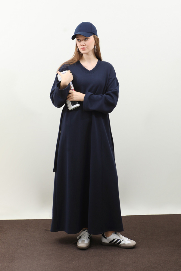 V Yaka Sweat Elbise Lacivert - 1