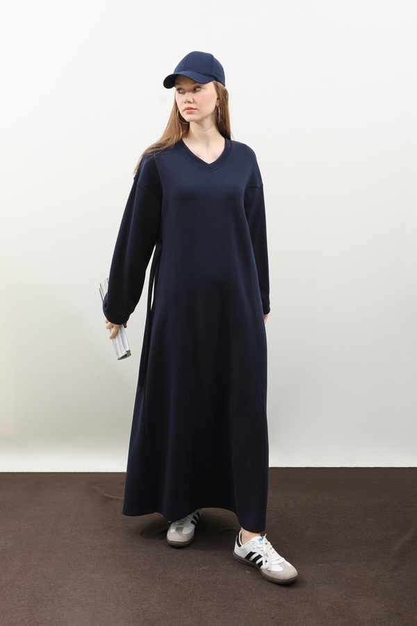 V Yaka Sweat Elbise Lacivert - 2