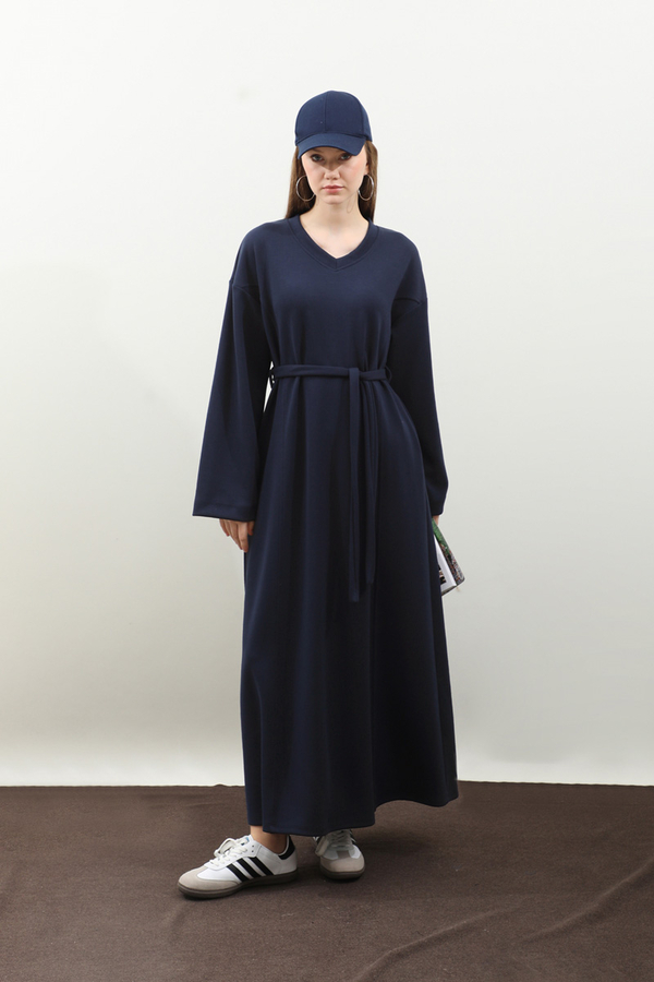 V Yaka Sweat Elbise Lacivert - 3