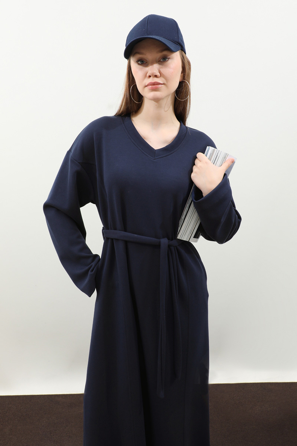 V Yaka Sweat Elbise Lacivert - 6