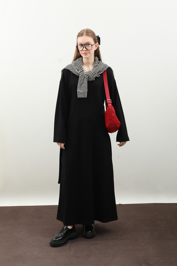 V Yaka Sweat Elbise Siyah - 7