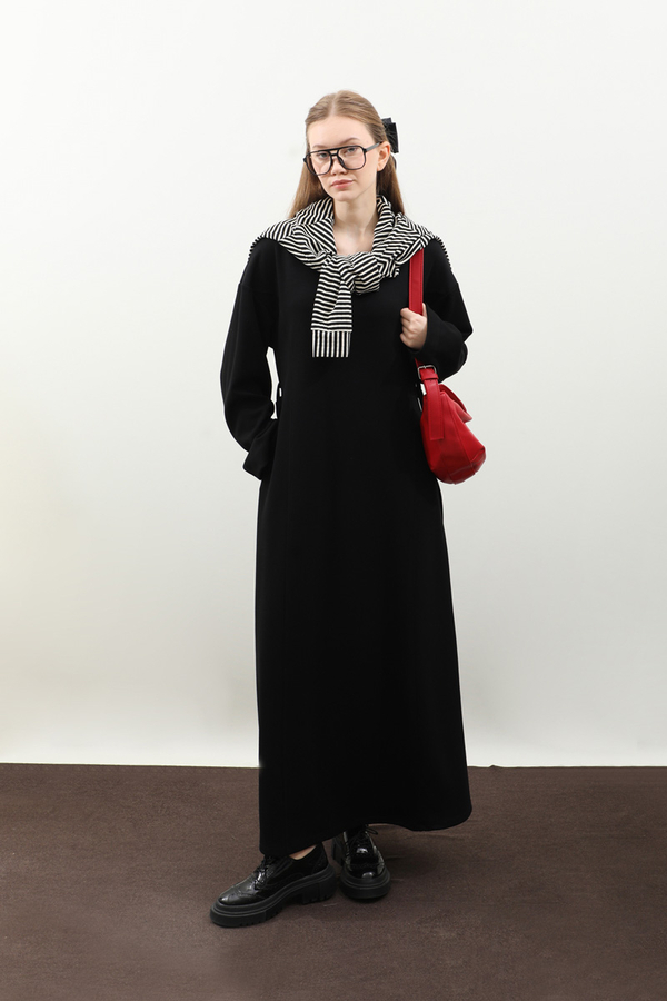 V Yaka Sweat Elbise Siyah - 8