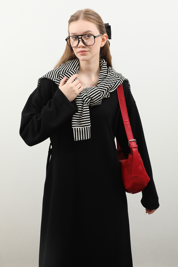 V Yaka Sweat Elbise Siyah - 9