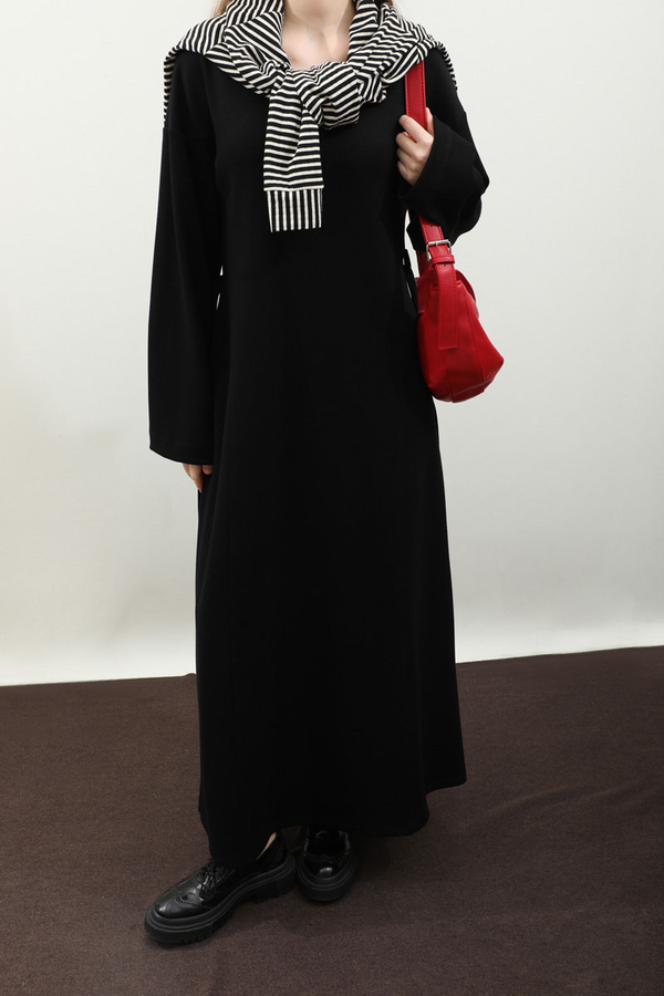 V Yaka Sweat Elbise Siyah - 10