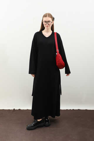 V Yaka Sweat Elbise Siyah - 11