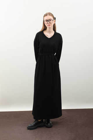 V Yaka Sweat Elbise Siyah - 12