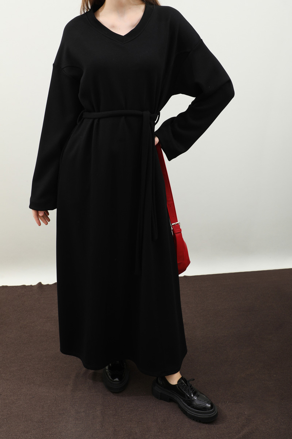 V Yaka Sweat Elbise Siyah - 14