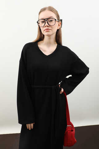 V Yaka Sweat Elbise Siyah - 15