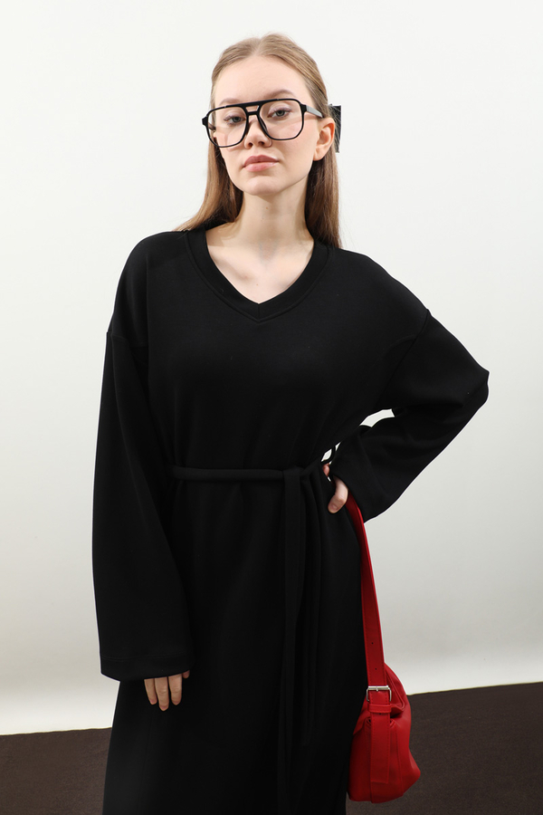V Yaka Sweat Elbise Siyah - 15