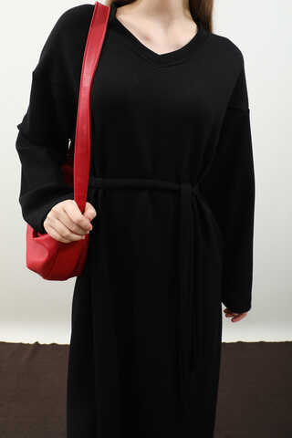 V Yaka Sweat Elbise Siyah - 16