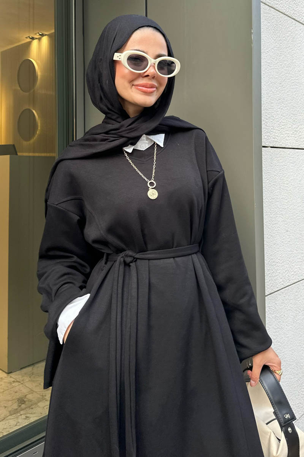 V Yaka Sweat Elbise Siyah - 6