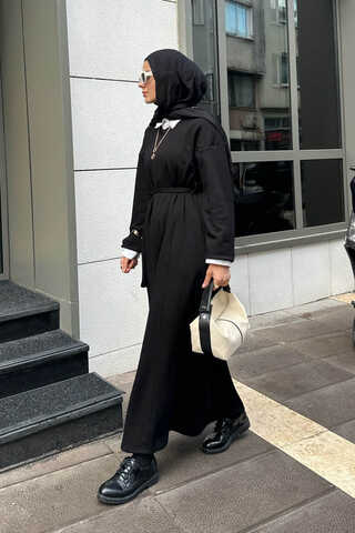 V Yaka Sweat Elbise Siyah - 3