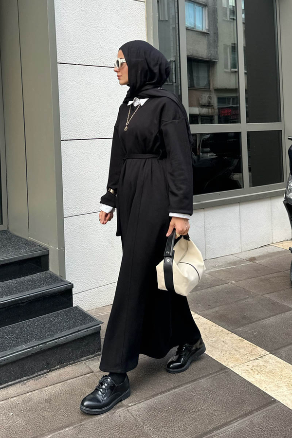 V Yaka Sweat Elbise Siyah - 3