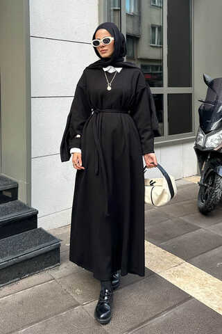 V Yaka Sweat Elbise Siyah - 1