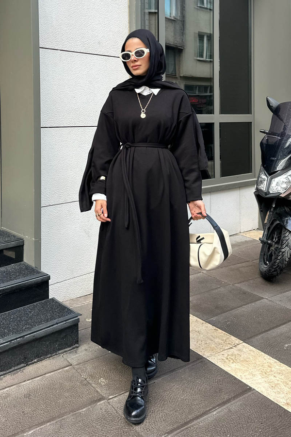 V Yaka Sweat Elbise Siyah - 1