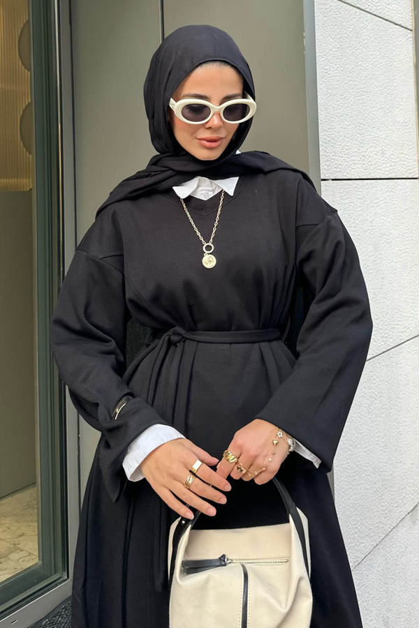 V Yaka Sweat Elbise Siyah - 2