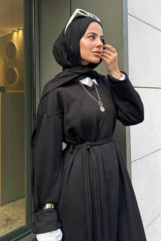 V Yaka Sweat Elbise Siyah - 4