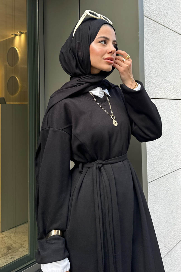 V Yaka Sweat Elbise Siyah - 4