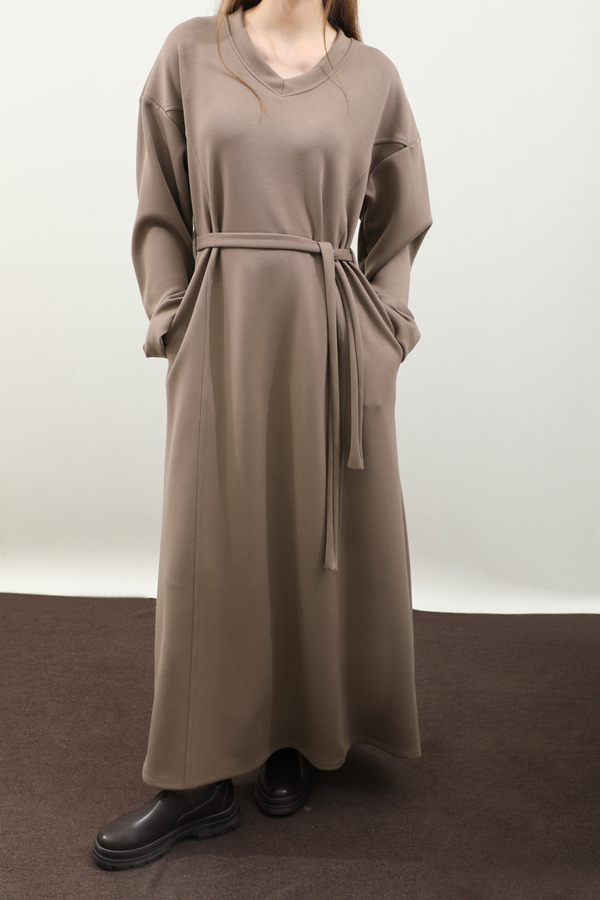 V Yaka Sweat Elbise Toprak 