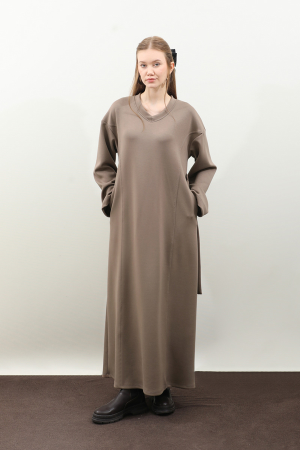 V Yaka Sweat Elbise Toprak - 2