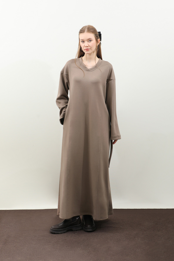 V Yaka Sweat Elbise Toprak - 3