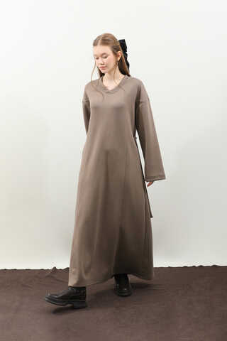 V Yaka Sweat Elbise Toprak - 4