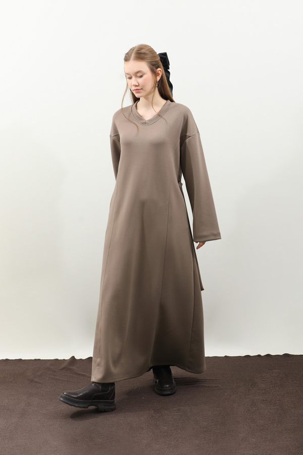 V Yaka Sweat Elbise Toprak - 4