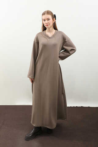 V Yaka Sweat Elbise Toprak - 5