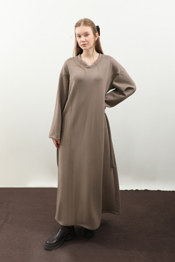 V Yaka Sweat Elbise Toprak - 5