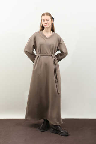 V Yaka Sweat Elbise Toprak - 7