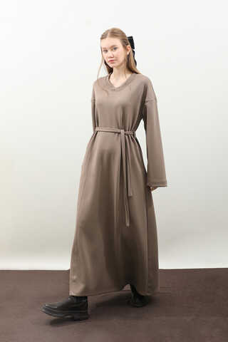 V Yaka Sweat Elbise Toprak - 8