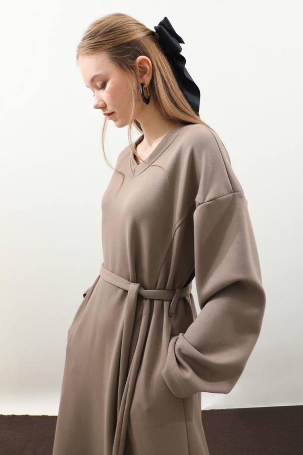 V Yaka Sweat Elbise Toprak - 9