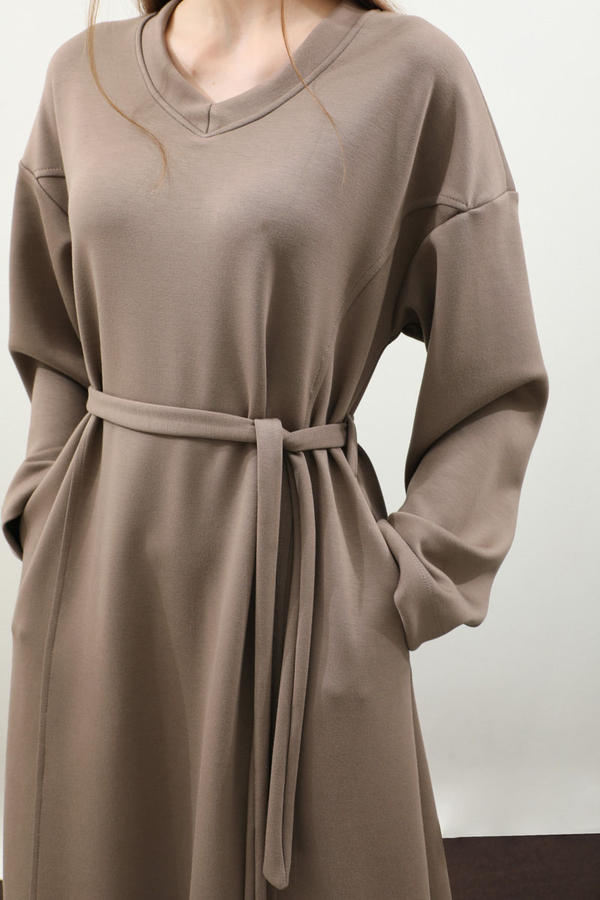 V Yaka Sweat Elbise Toprak - 10