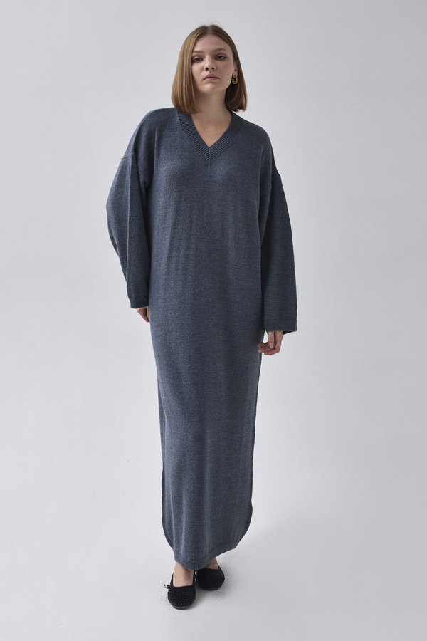 V Yaka Triko Elbise İndigo - 4