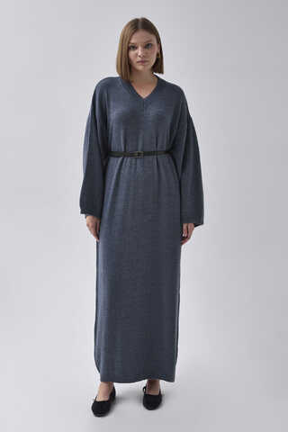 V Yaka Triko Elbise İndigo - 3