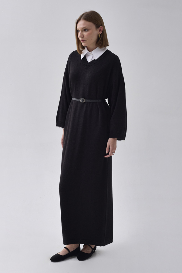 V Yaka Triko Elbise Siyah - 5