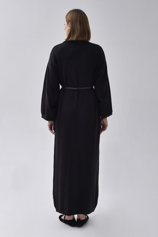 V Yaka Triko Elbise Siyah - 7