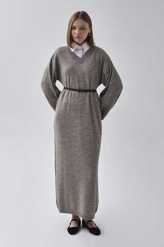 V Yaka Triko Elbise Toprak - 4