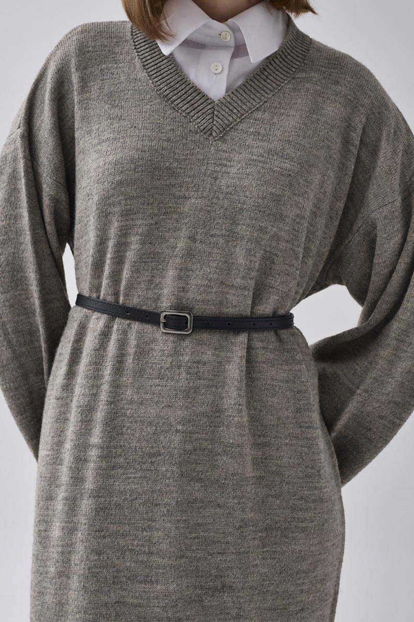 V Yaka Triko Elbise Toprak - 2