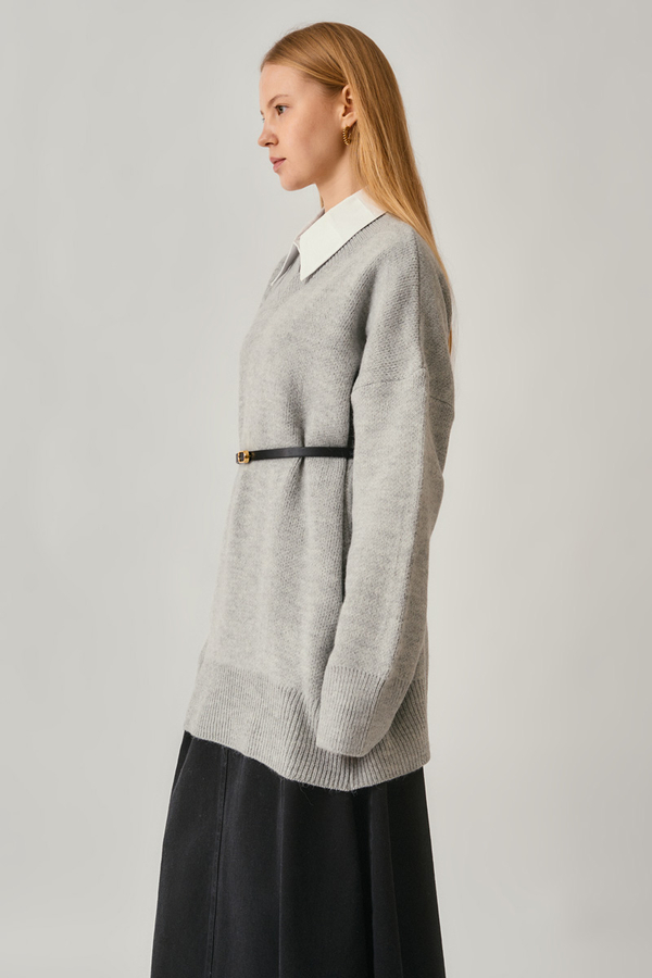 V Yaka Triko Kazak Açık Gri - 3