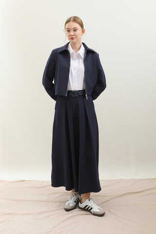 Vatkalı Ceket Etek Takım Lacivert - 3