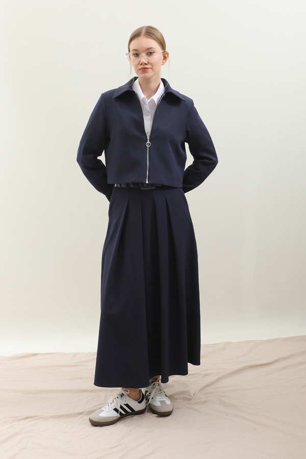 Vatkalı Ceket Etek Takım Lacivert - 6