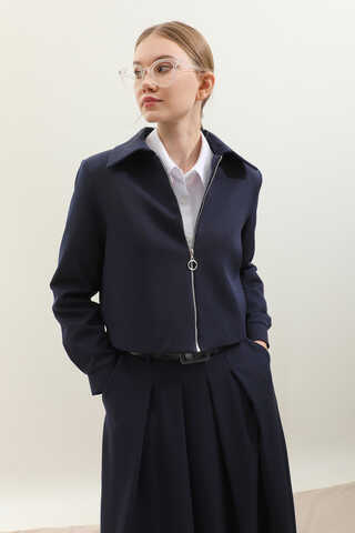 Vatkalı Ceket Etek Takım Lacivert - 1