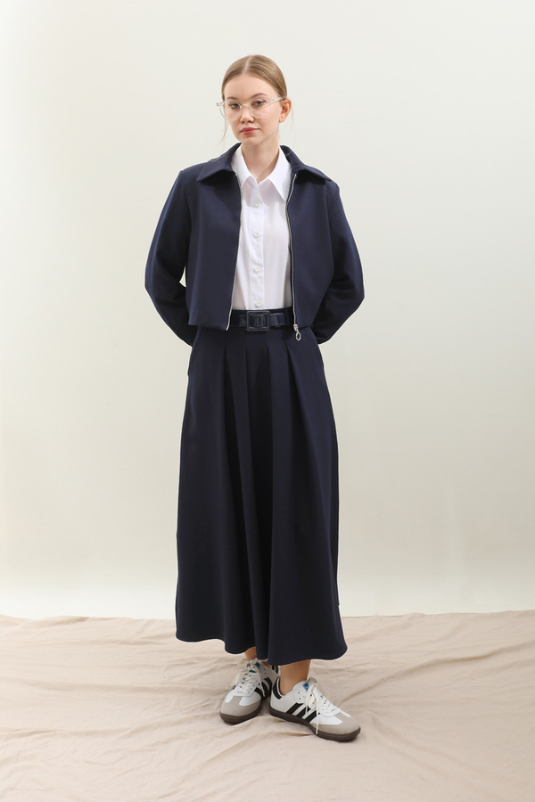 Vatkalı Ceket Etek Takım Lacivert - 3