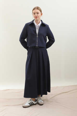 Vatkalı Ceket Etek Takım Lacivert - 6