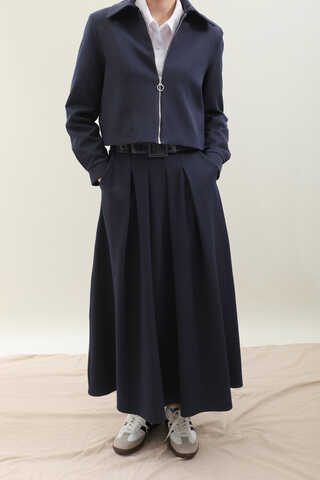 Vatkalı Ceket Etek Takım Lacivert - 7